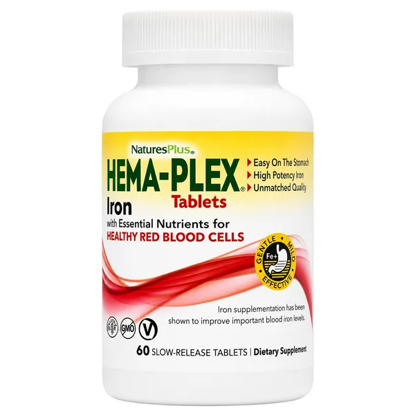 NaturesPlus, Hema-Plex, Iron with Essential Nutrients for Healthy Red Blood Cells, 60 Slow-Release Tablets