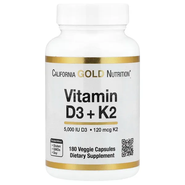 California Gold Nutrition Vitamin D3 + K2 as MK-7 - 180 Veggie Capsules