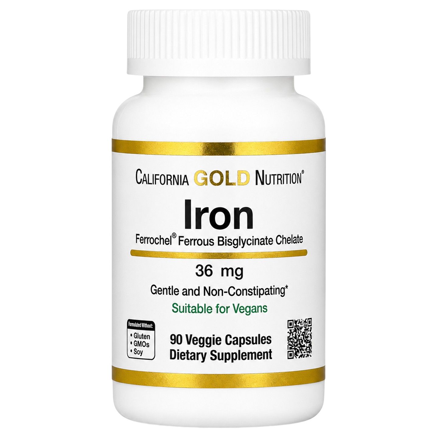 California Gold Nutrition, Ferrochel Iron (Bisglycinate), 36 mg, 90 Veggie Capsules