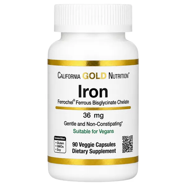 California Gold Nutrition, Ferrochel Iron (Bisglycinate), 36 mg, 90 Veggie Capsules