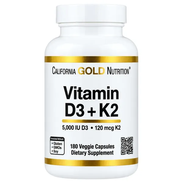 California Gold Nutrition Vitamin D3 + K2 as MK-7, 180 Veggie Capsules