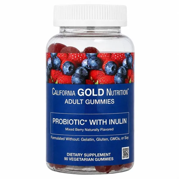 California Gold Nutrition, Probiotic with Inulin Gummies with Vitamin C, Folate, Berry Extract Blend and Organic Inulin, Natural Mixed Berry, 90 Vegetarian Gummies